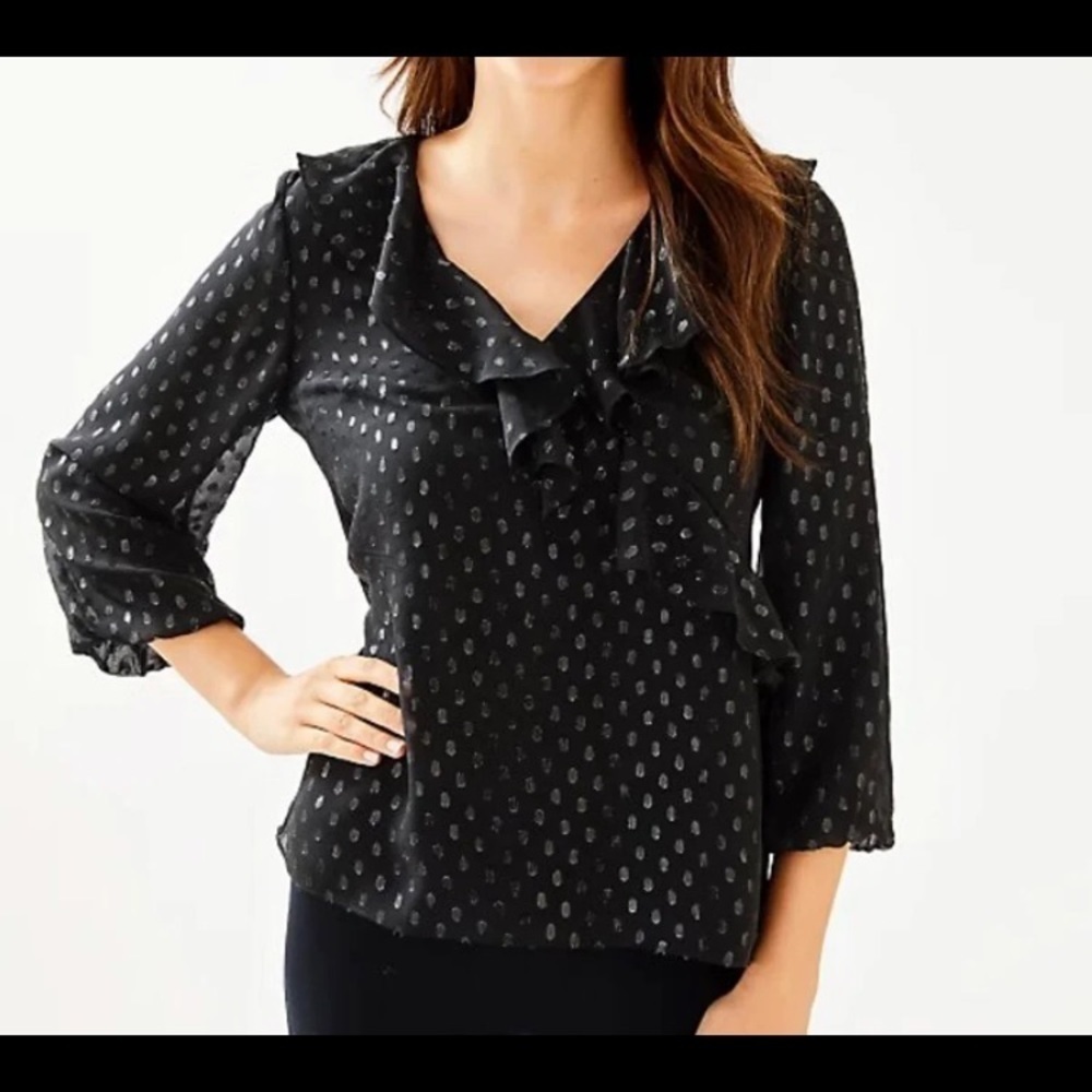 Lilly Pulitzer Olenna Silk Top Onyx Moroccan Metallic Clip Black Sz XXS NEW